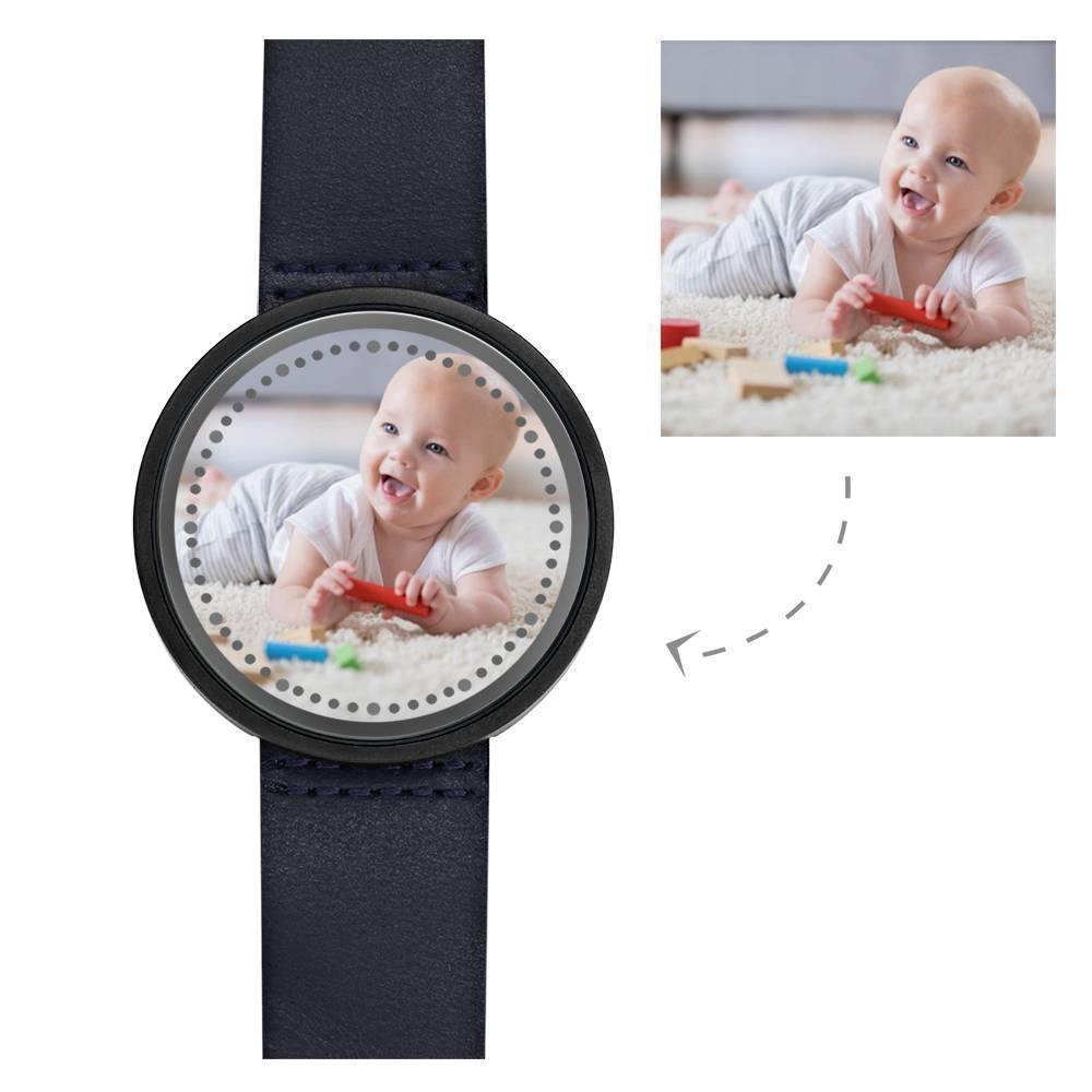Personalized Photo Watch, Touch Illuminated Watch Blue Leather Strap Cute Children