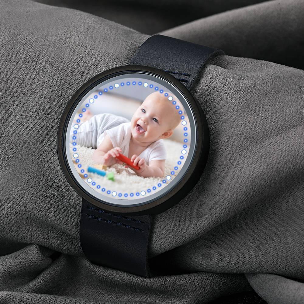 Personalized Photo Watch, Touch Illuminated Watch Blue Leather Strap Cute Children