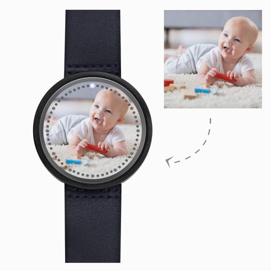 Personalized Photo Watch, Touch Illuminated Watch Blue Leather Strap Cute Children
