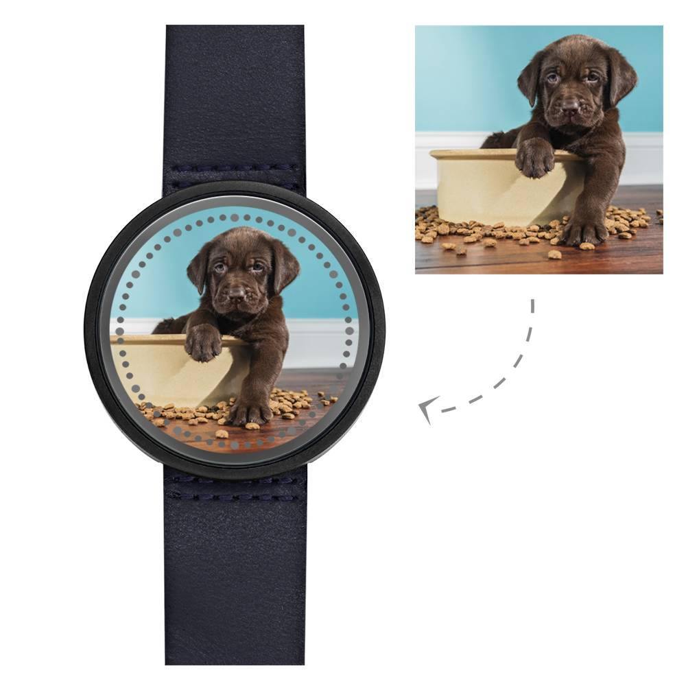 Personalized Photo Watch, Touch Illuminated Watch Blue Leather Strap