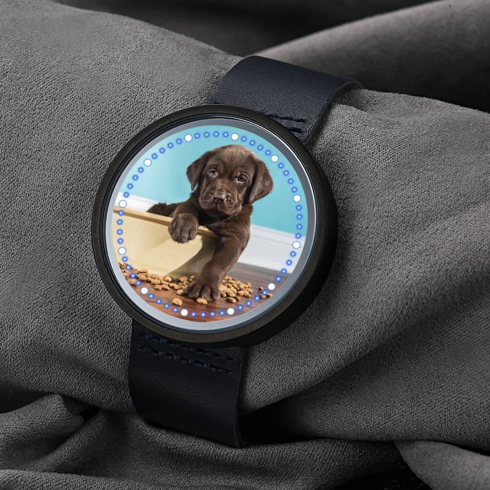 Personalized Photo Watch, Touch Illuminated Watch Blue Leather Strap