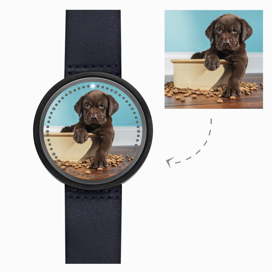 Personalized Photo Watch, Touch Illuminated Watch Blue Leather Strap