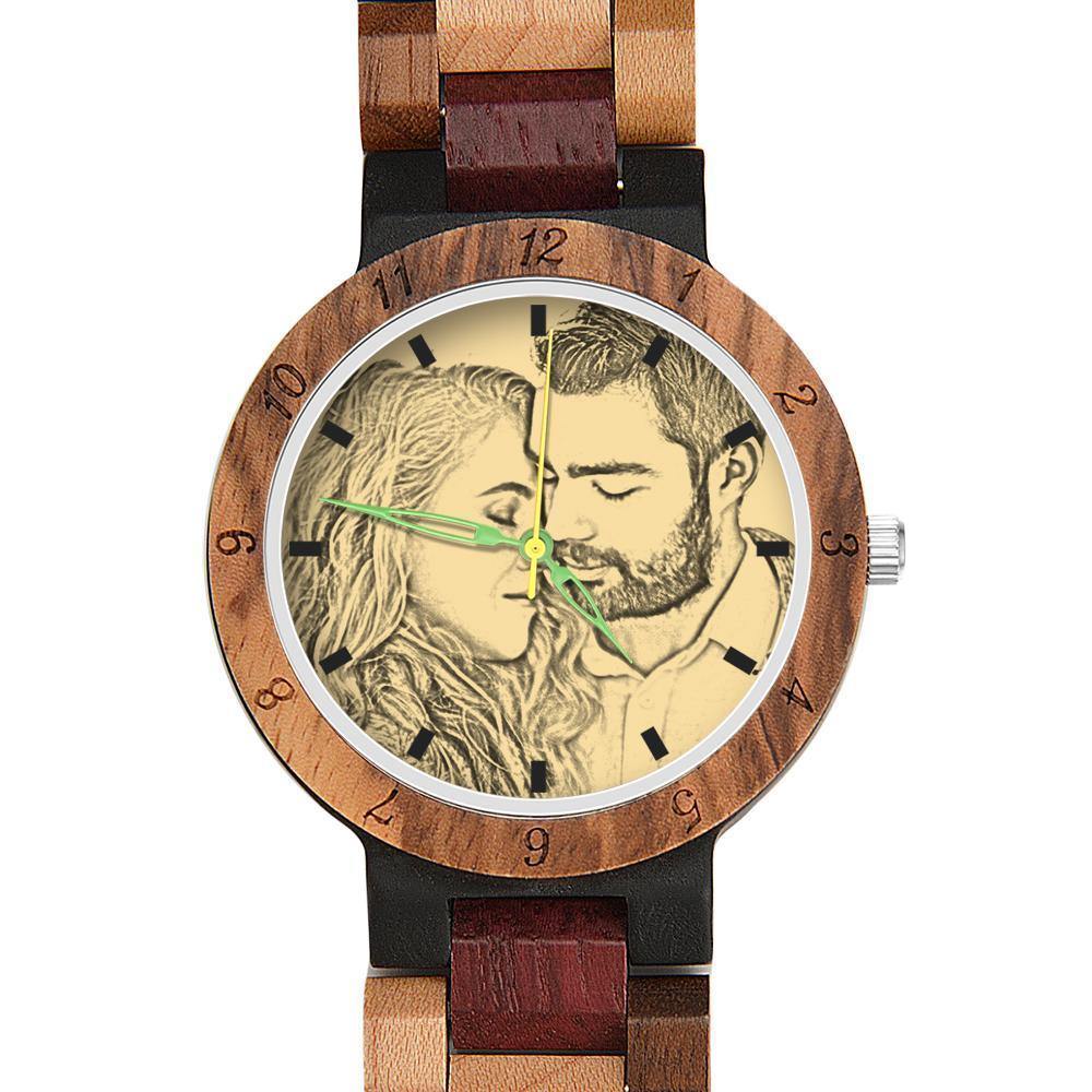 Photo Engraved Wooden, Photo Watch Wooden Strap 45mm Sketch Effect Colorful Wood for Men's