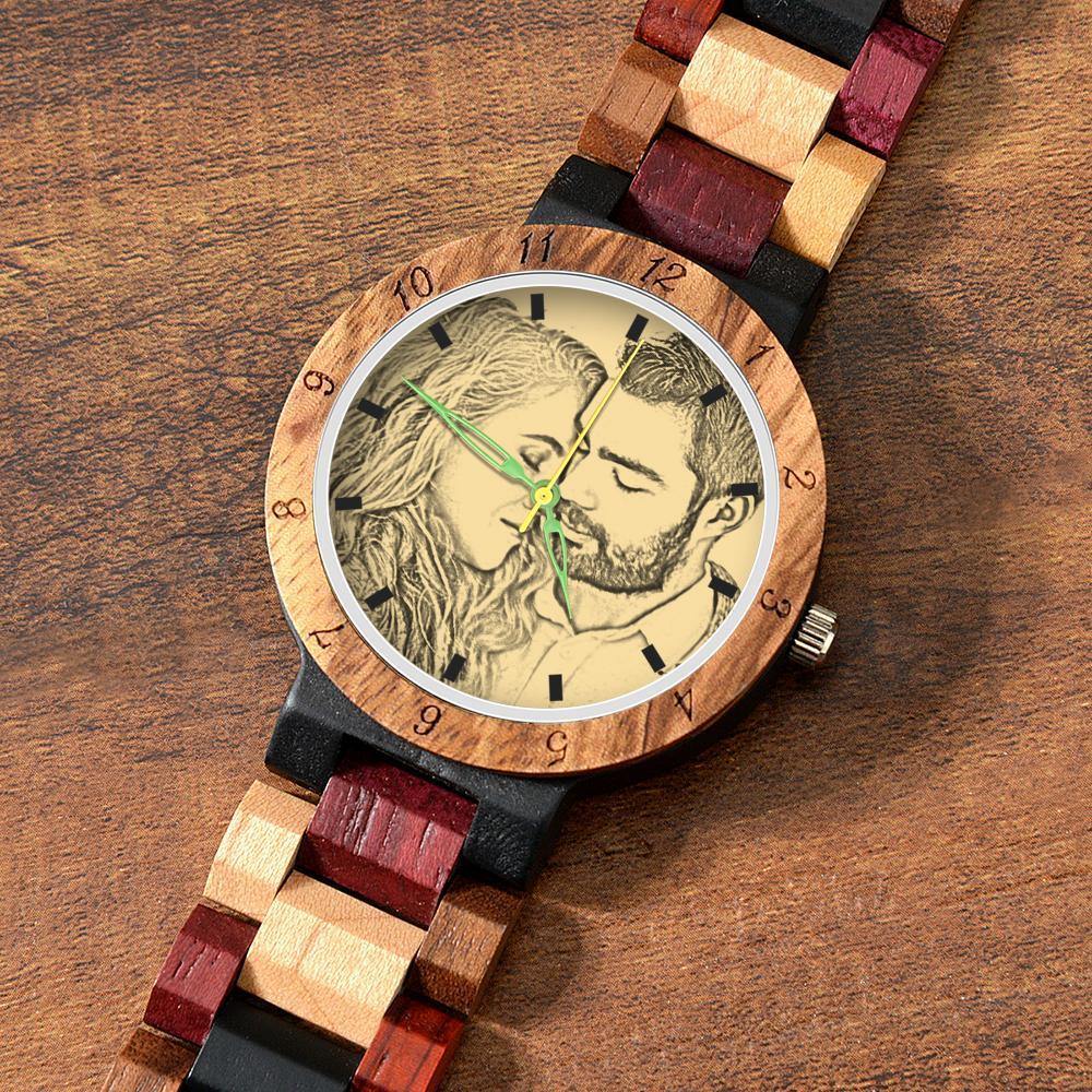 Photo Engraved Wooden, Photo Watch Wooden Strap 45mm Sketch Effect Colorful Wood for Men's