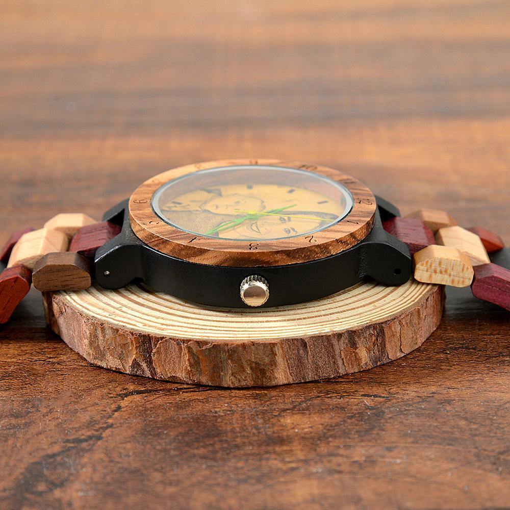 Photo Engraved Wooden, Photo Watch Wooden Strap 45mm Sketch Effect Colorful Wood for Men's