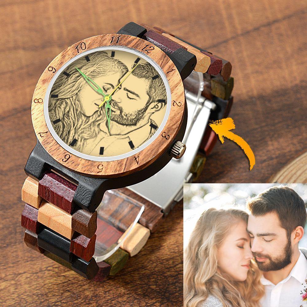 Photo Engraved Wooden, Photo Watch Wooden Strap 45mm Sketch Effect Colorful Wood for Men's