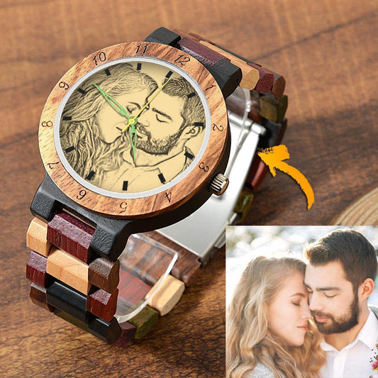Photo Engraved Wooden, Photo Watch Wooden Strap 45mm Sketch Effect Colorful Wood for Men's