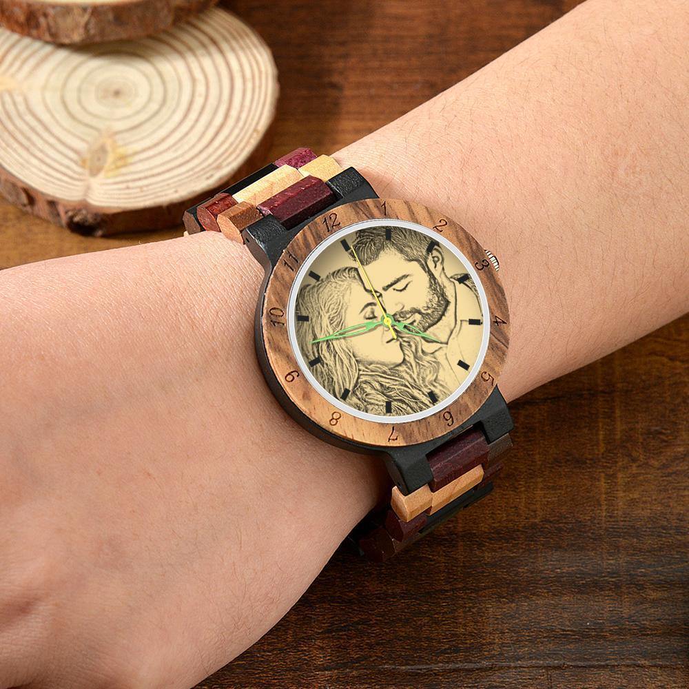 Photo Engraved Wooden, Photo Watch Wooden Strap 45mm Sketch Effect Colorful Wood for Men's