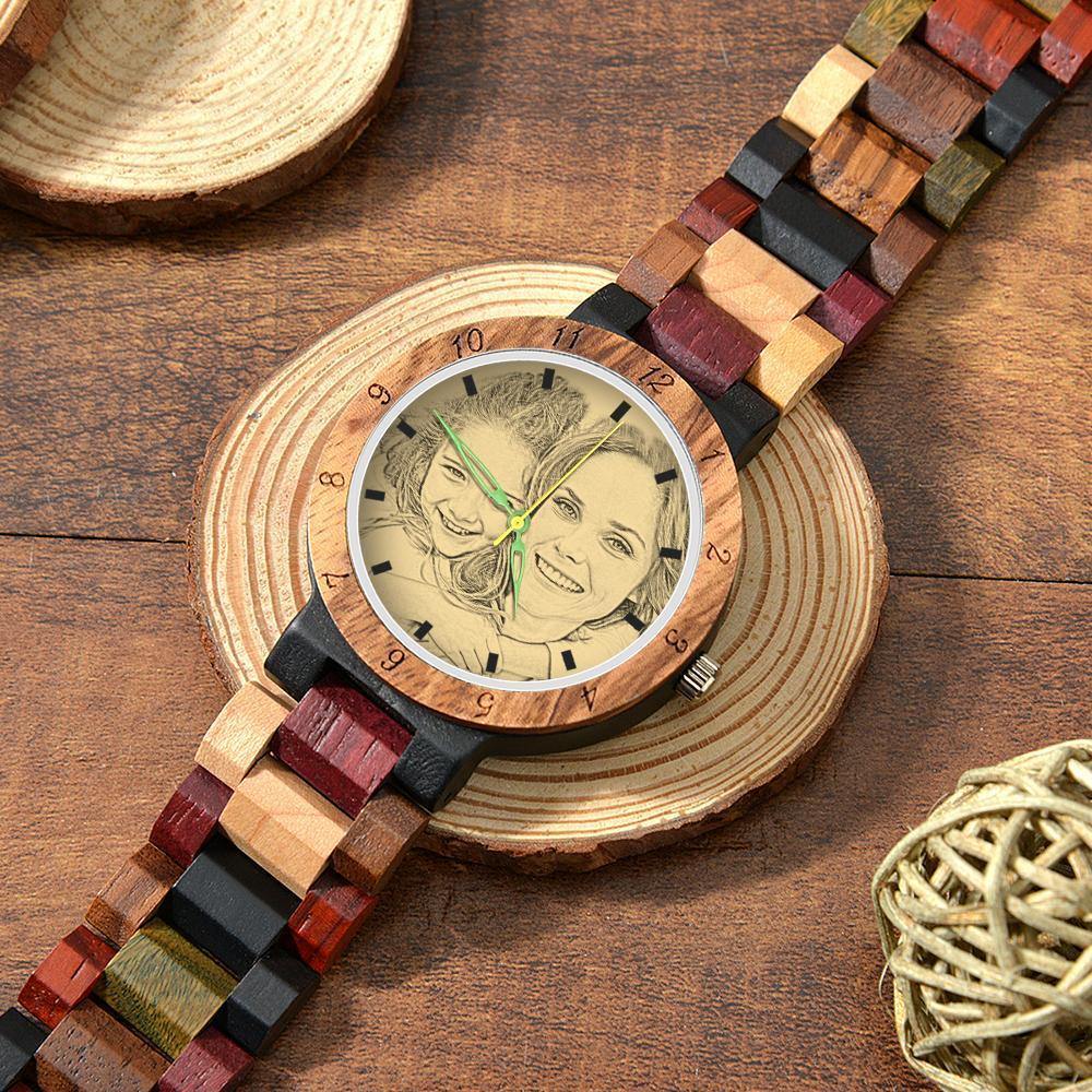 Engraved Wooden, Photo Watch Wooden Strap 38mm Sketch Effect Colorful Wood - Women's