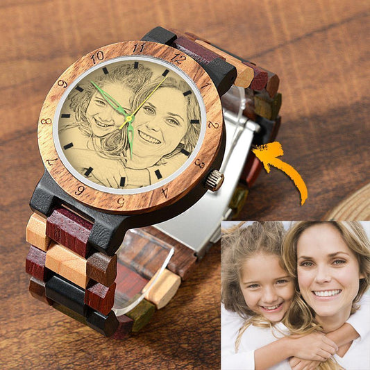 Engraved Wooden, Photo Watch Wooden Strap 38mm Sketch Effect Colorful Wood - Women's