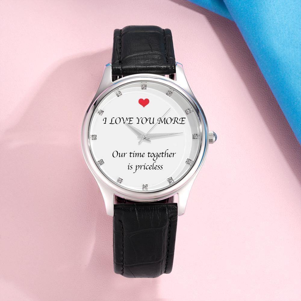 Custom Photo Engraved Watch with Little Heart for Her Black Leather Strap