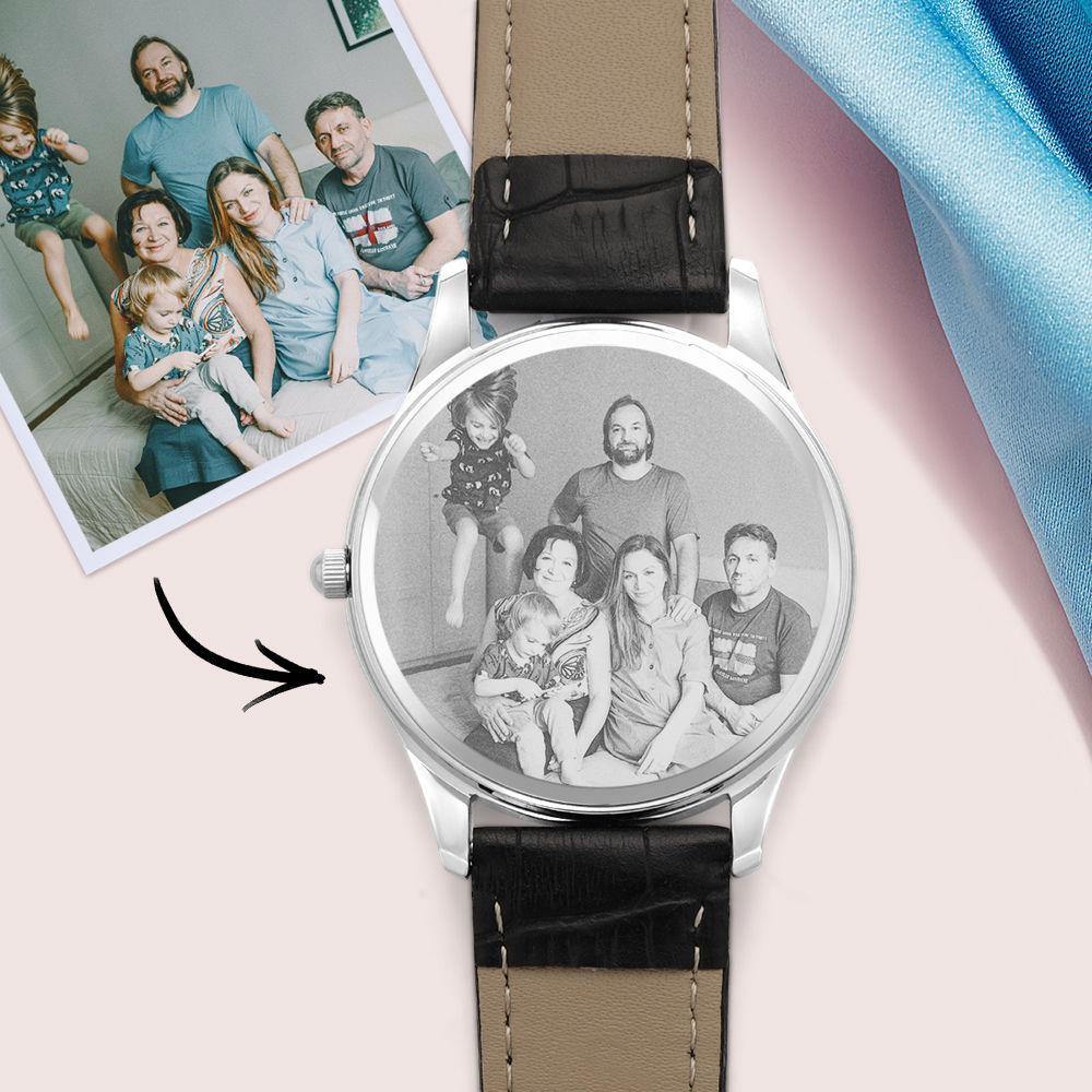 Custom Photo Engraved Watch with Little Heart Black Leather Strap for Men's