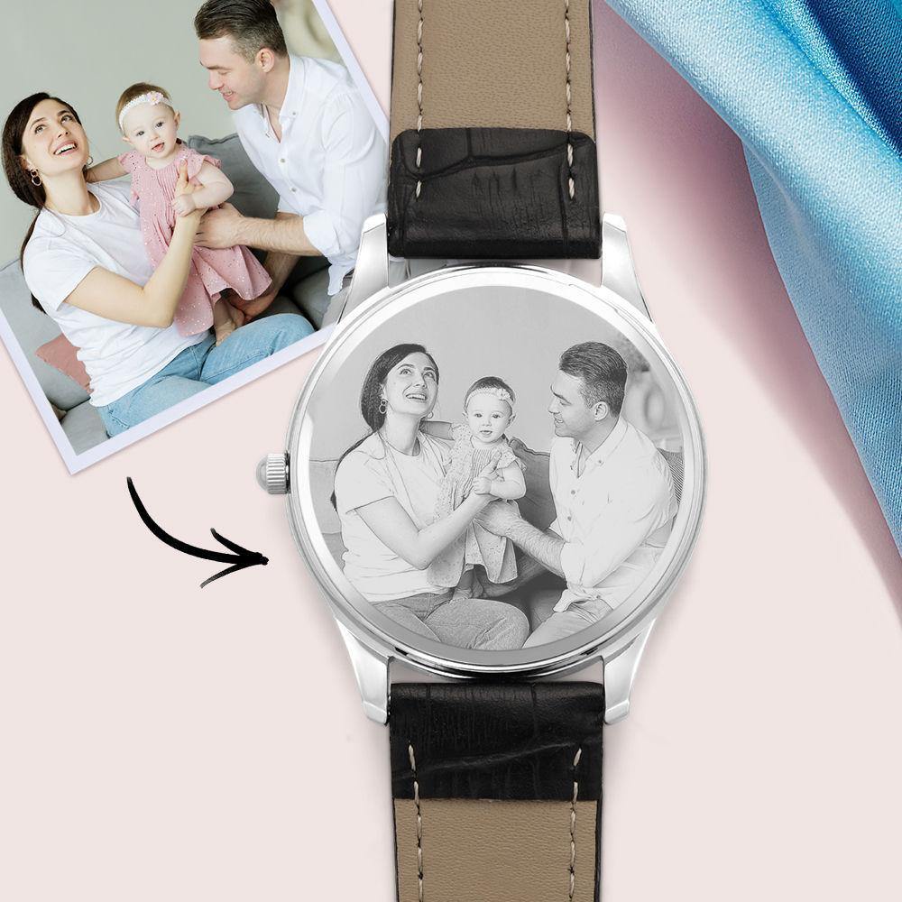 Custom Photo Engraved Watch with Little Heart for Her Black Leather Strap