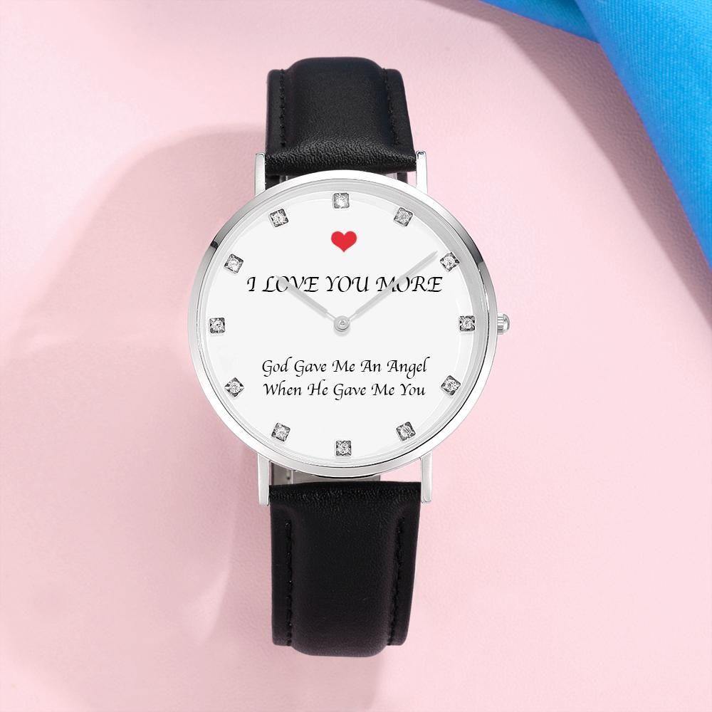 Personalized Photo Engraved Watch Black Leather Strap Men's Gifts