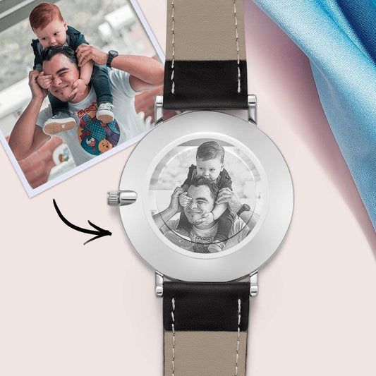 Custom Photo Engraved Watch Black Leather Strap Anniversary Gifts for Her