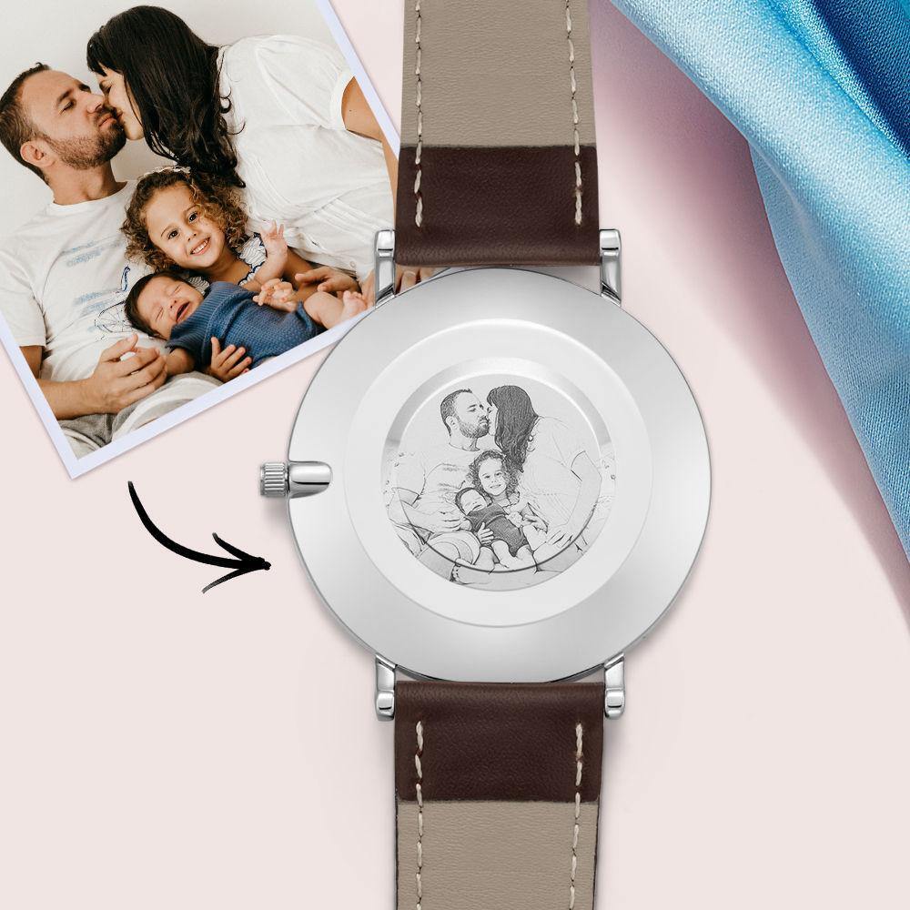 Personalized Photo Engraved Watch Brown Leather Strap Men's Gifts
