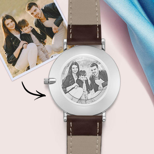 Custom Photo Engraved Watch Brown Leather Strap Unique Gifts for Her