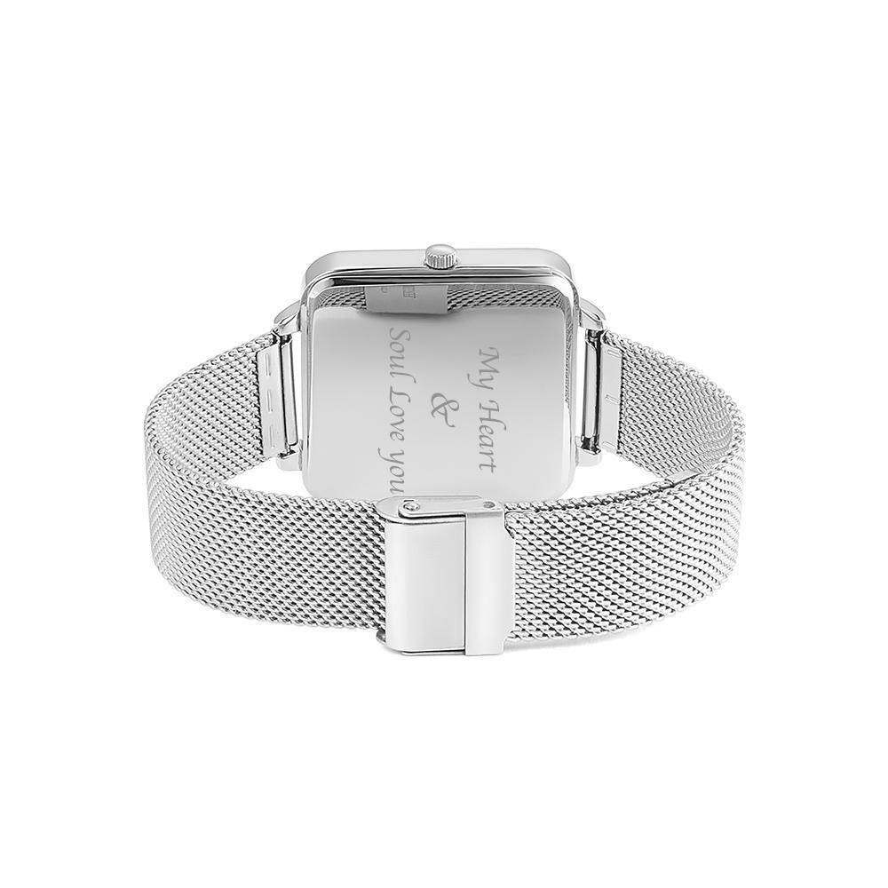 Photo Watch with Engraving - Silver Square Case Watch Sketch for Girlfriend