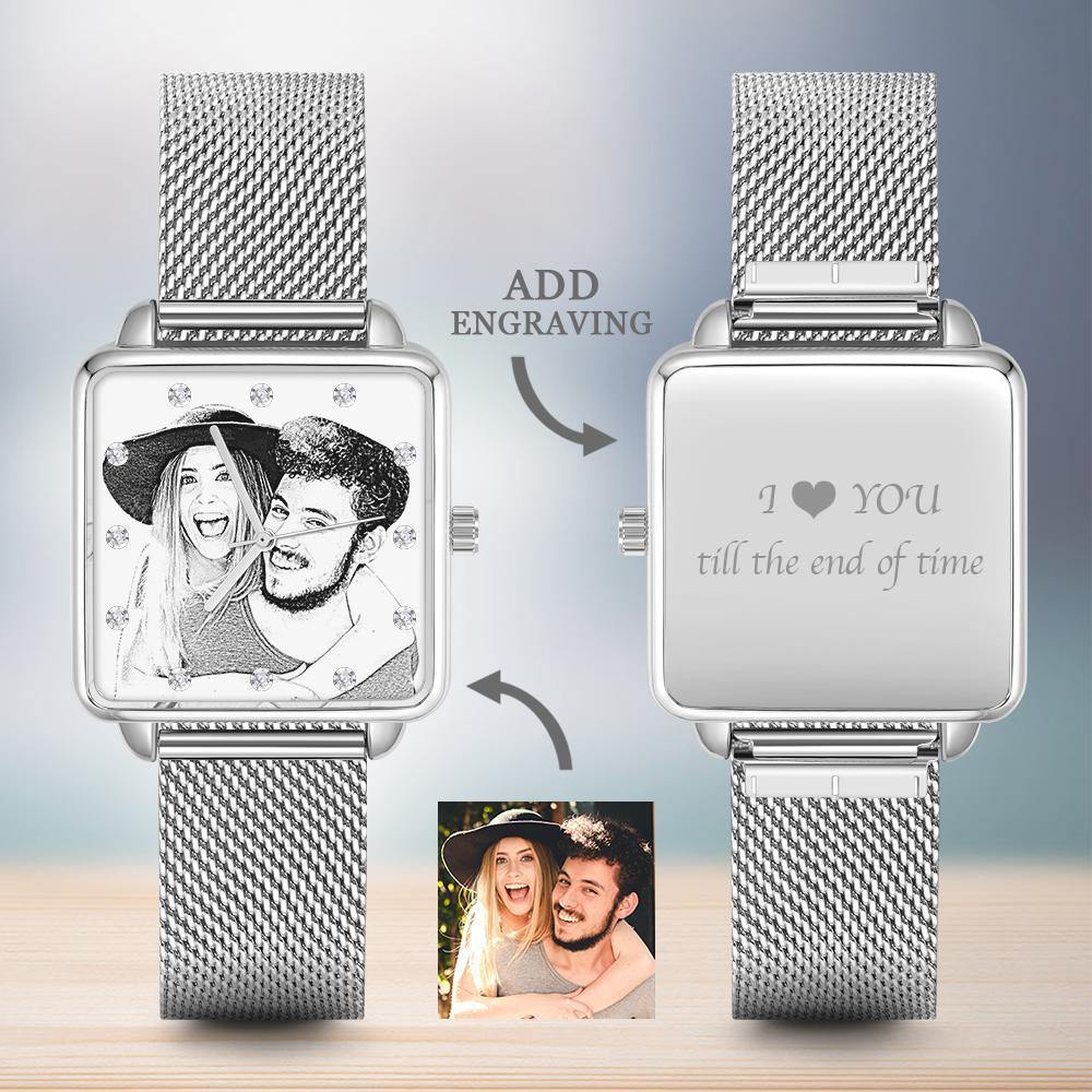 Engraved Photo Watch - Silver Square Case Watch Sketch for Boyfriend/Father