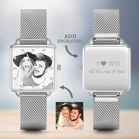Engraved Photo Watch - Silver Square Case Watch Sketch for Boyfriend/Father