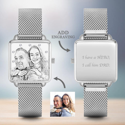 Photo Watch with Engraving - Silver Square Case Watch Sketch for Girlfriend