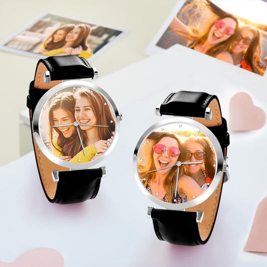 Custom Photo Engraved Watch Black Leather Strap Unique Gifts Men‘s