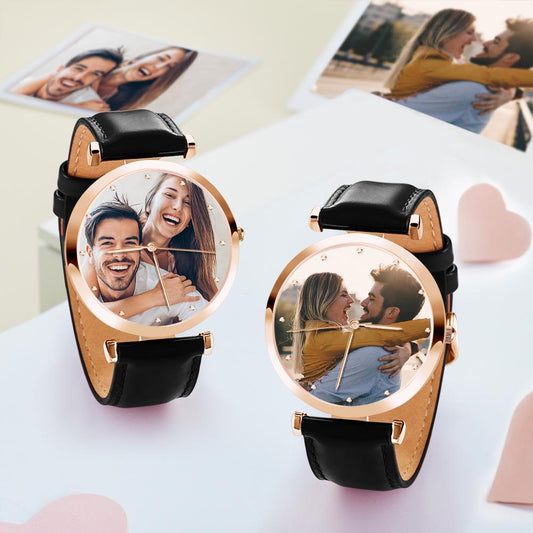 Photo Engraved Watch Black Leather Strap Rose Gold Dial Men‘s