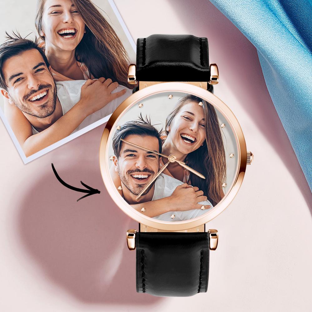 Photo Engraved Watch Black Leather Strap Rose Gold Dial Men‘s