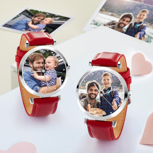 Photo Engraved Watch Red Leather Strap Birthday Gifts Men‘s