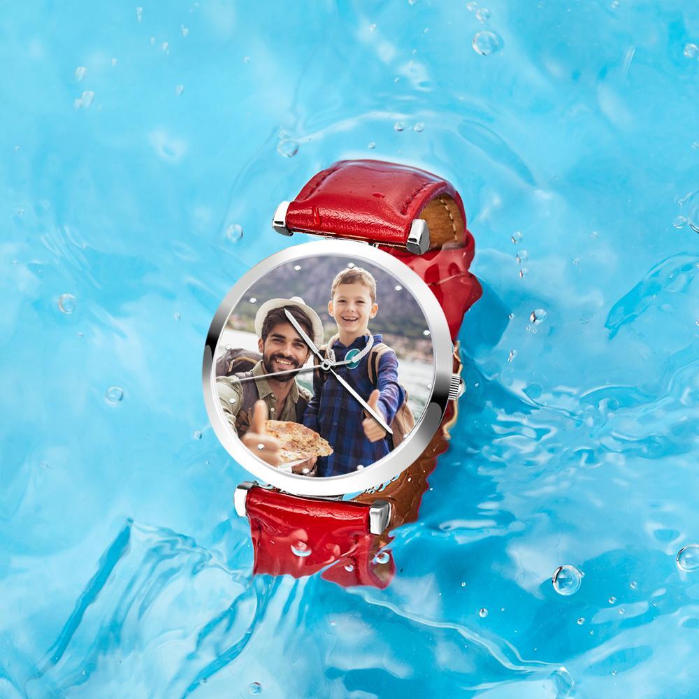 Photo Engraved Watch Red Leather Strap Birthday Gifts Men‘s