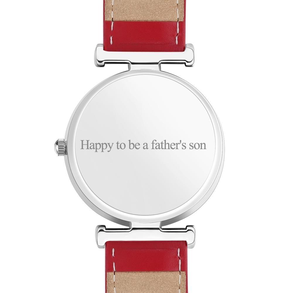 Photo Engraved Watch Red Leather Strap Birthday Gifts Men‘s