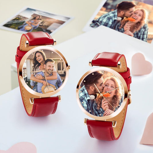Photo Engraved Watch Red Leather Strap for Men‘s