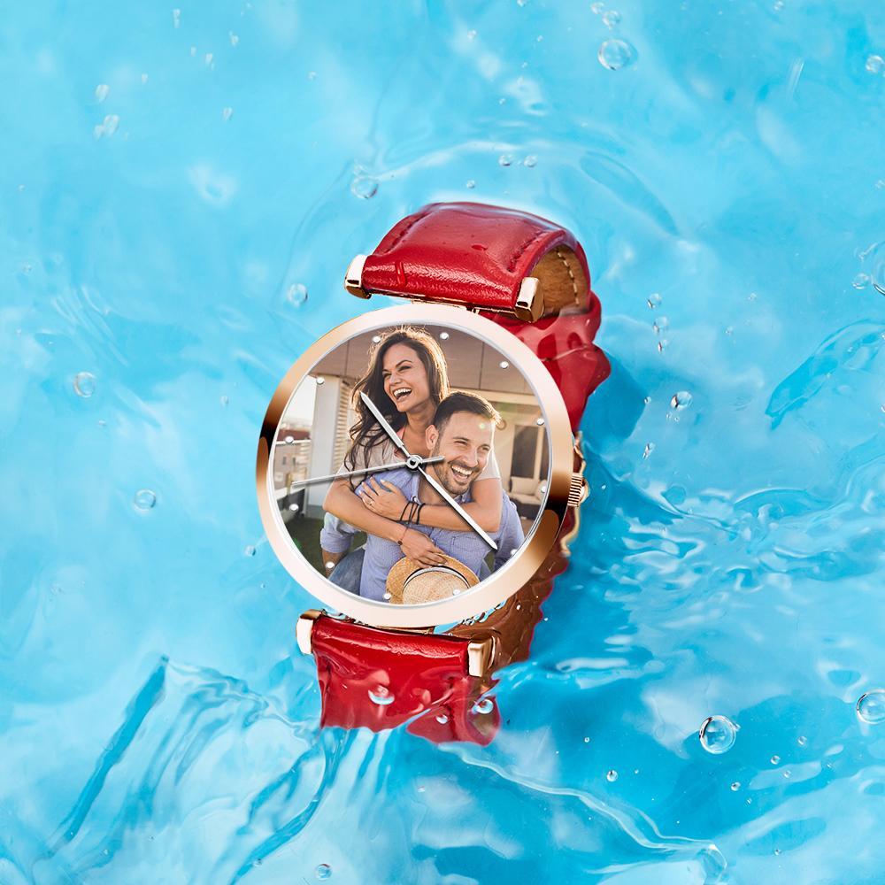 Photo Engraved Watch Red Leather Strap for Men‘s
