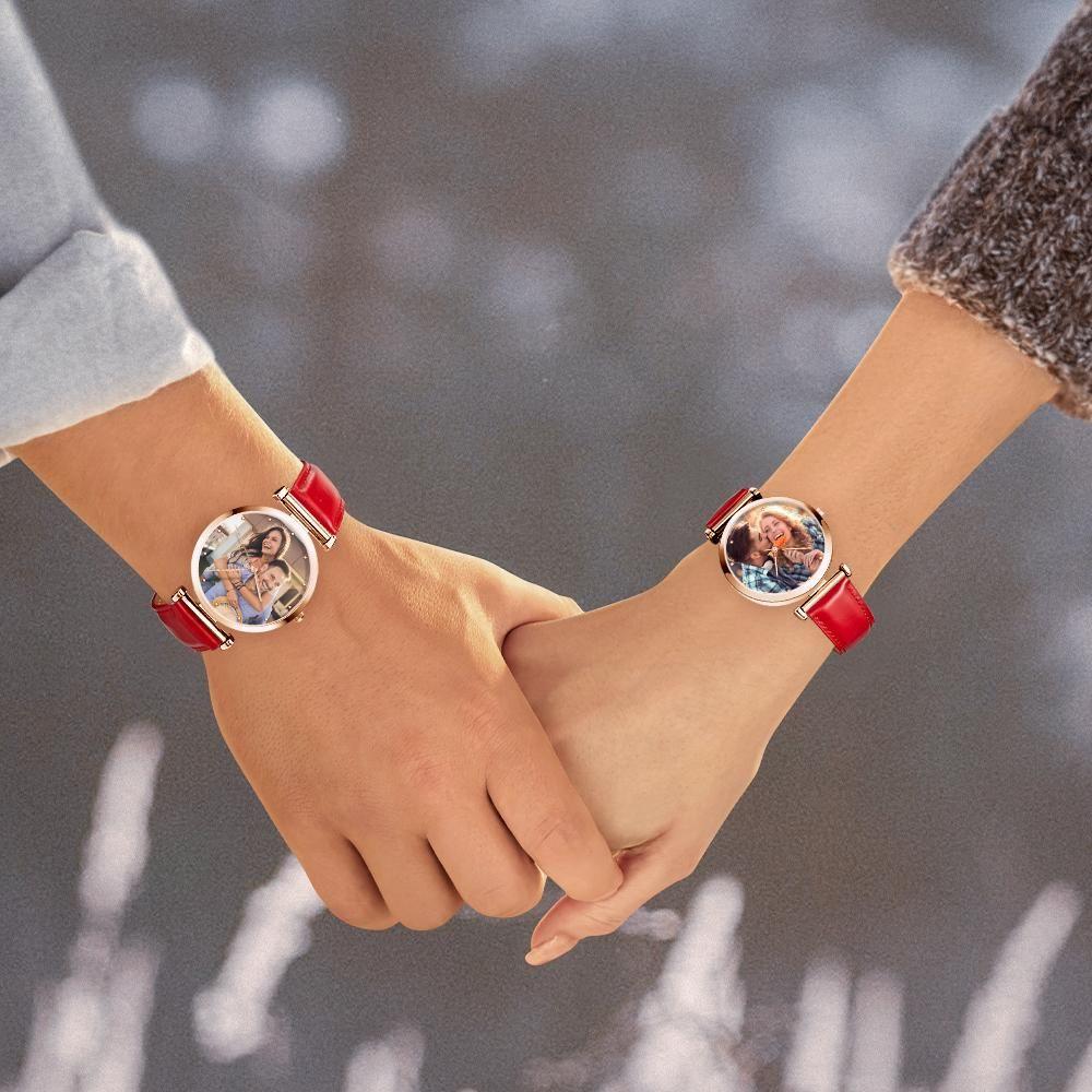Photo Engraved Watch Red Leather Strap for Men‘s