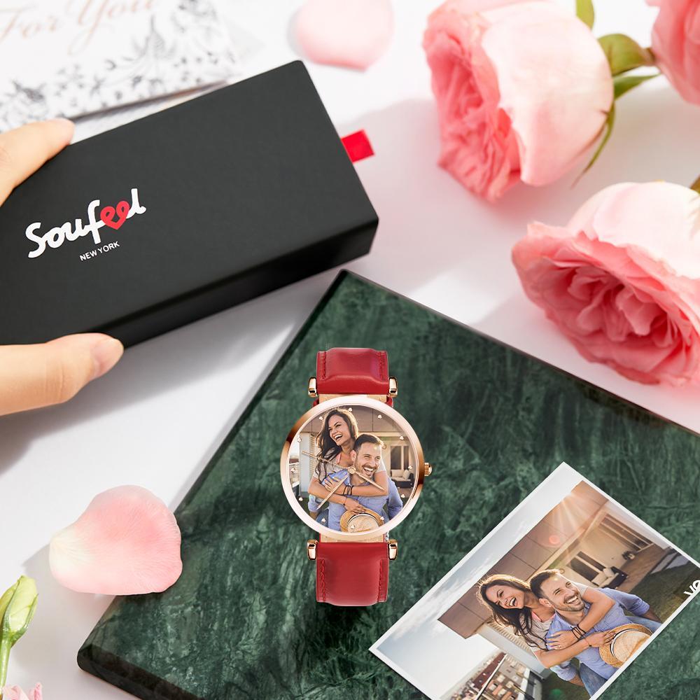 Photo Engraved Watch Red Leather Strap for Men‘s