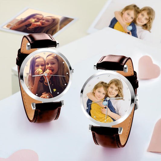 Photo Engraved Watch Brown Leather Strap for Men‘s Creative Gifts