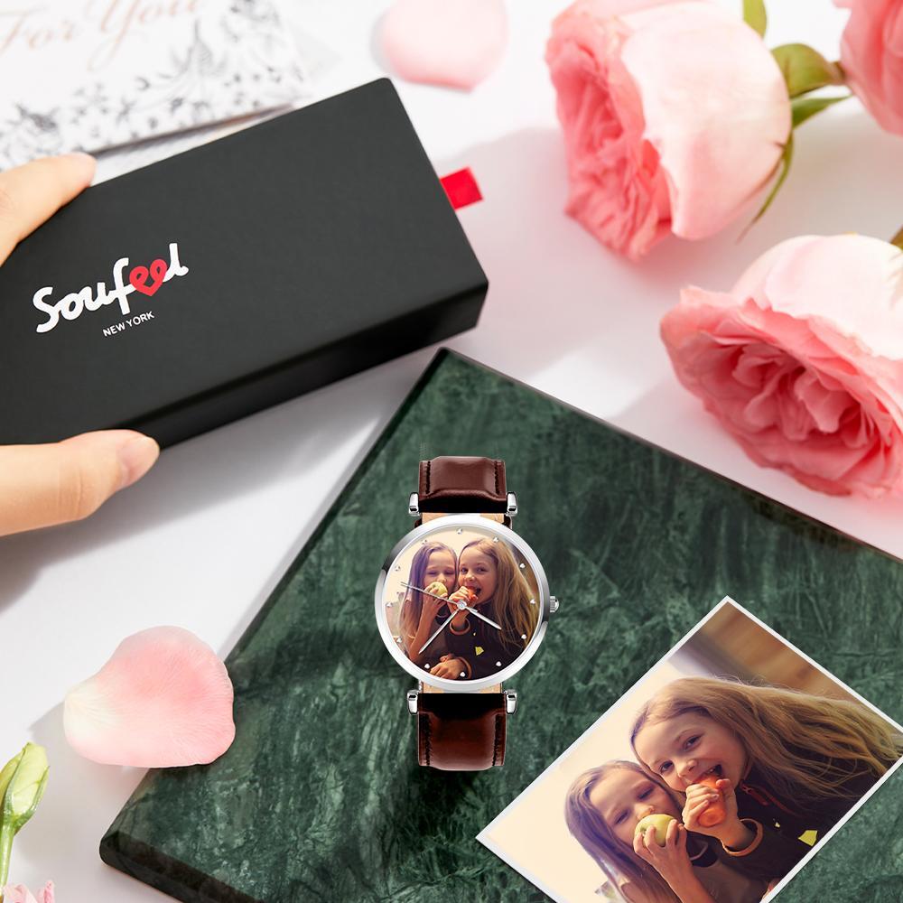 Photo Engraved Watch Brown Leather Strap for Men‘s Creative Gifts