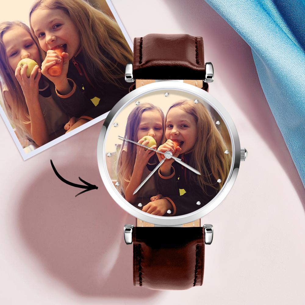 Photo Engraved Watch Brown Leather Strap for Men‘s Creative Gifts