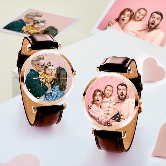 Photo Engraved Watch Brown Leather Strap for Men‘s Memorial Gifts