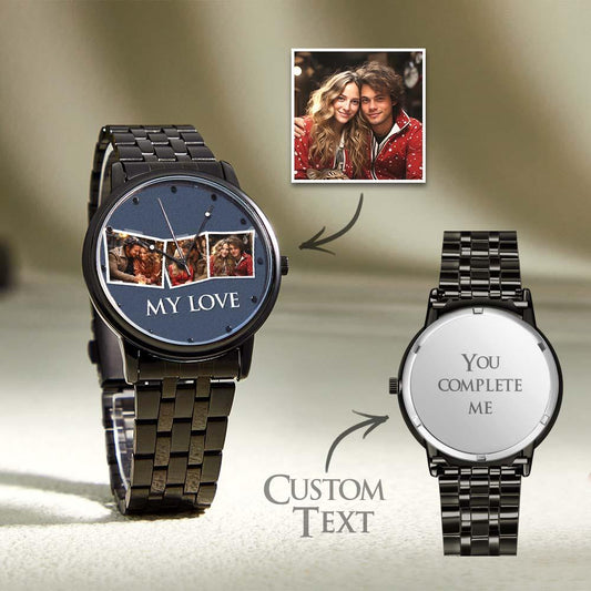 Personalized Engraved Men's Black Alloy Bracelet Photo Watch To My Boyfriend I Love You Gifts