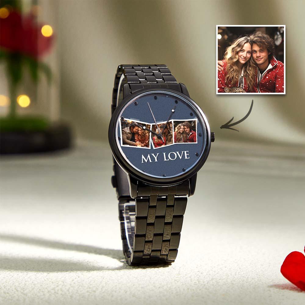 Personalized Engraved Men's Black Alloy Bracelet Photo Watch To My Boyfriend I Love You Gifts