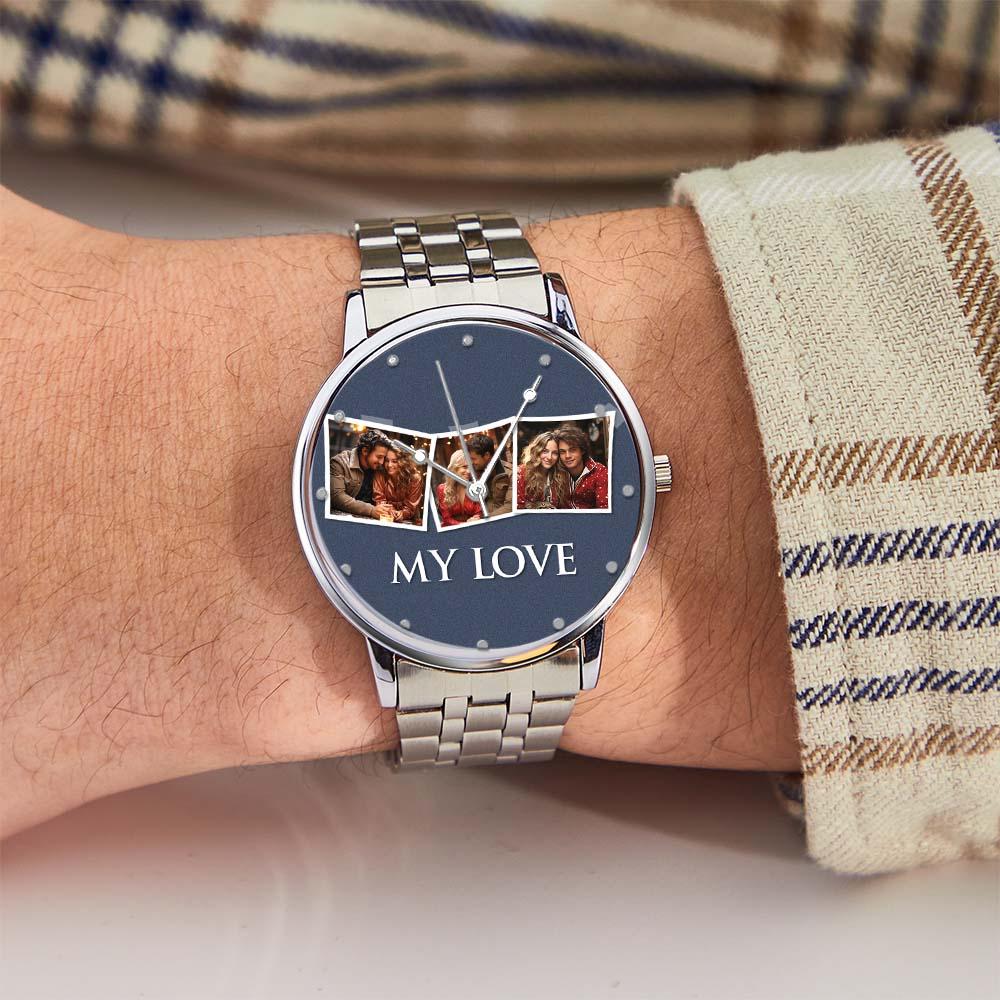 Personalized Engraved Men's Black Alloy Bracelet Photo Watch To My Boyfriend I Love You Gifts