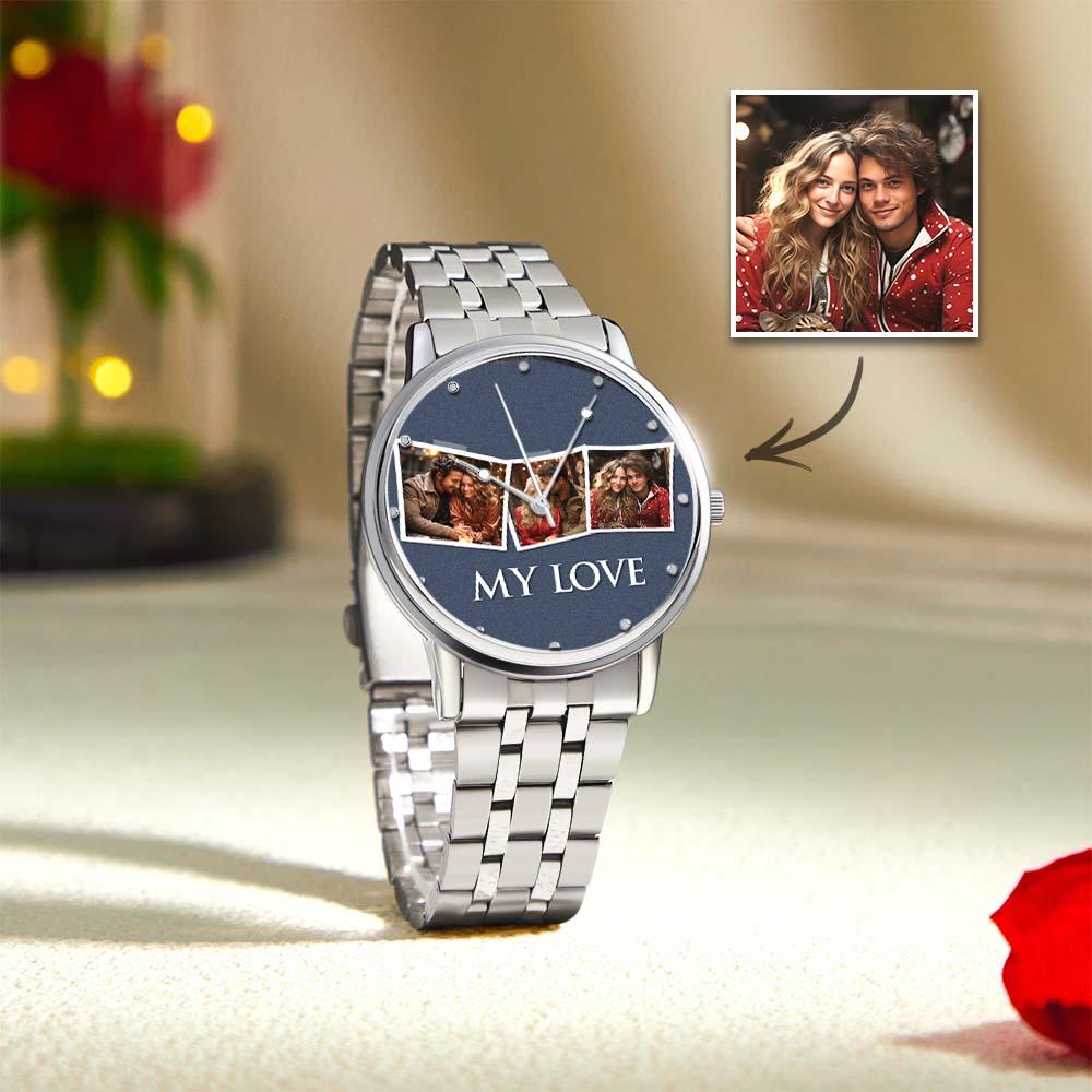 Personalized Engraved Men's Black Alloy Bracelet Photo Watch To My Boyfriend I Love You Gifts