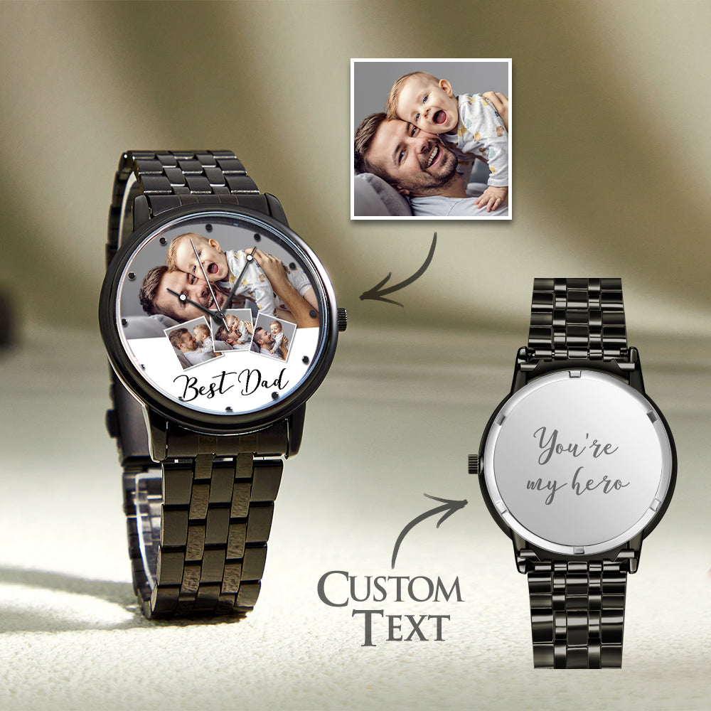 Personalized Engraved Photo Watch Men's Black Alloy Bracelet Photo Watch Father's Day Gifts For Dad