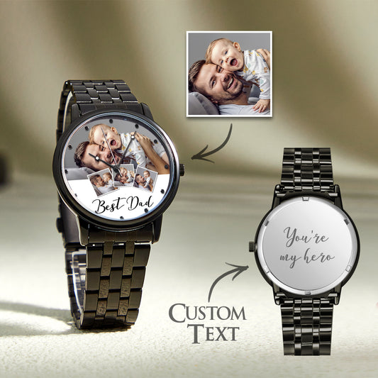 Personalized Engraved Photo Watch Men's Black Alloy Bracelet Photo Watch Father's Day Gifts For Dad