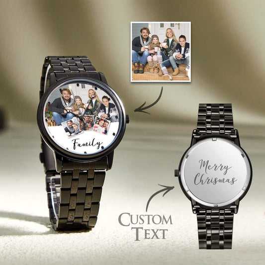 Personalized Engraved Men's Black Alloy Bracelet Photo Watch Christmas Gifts For My Family
