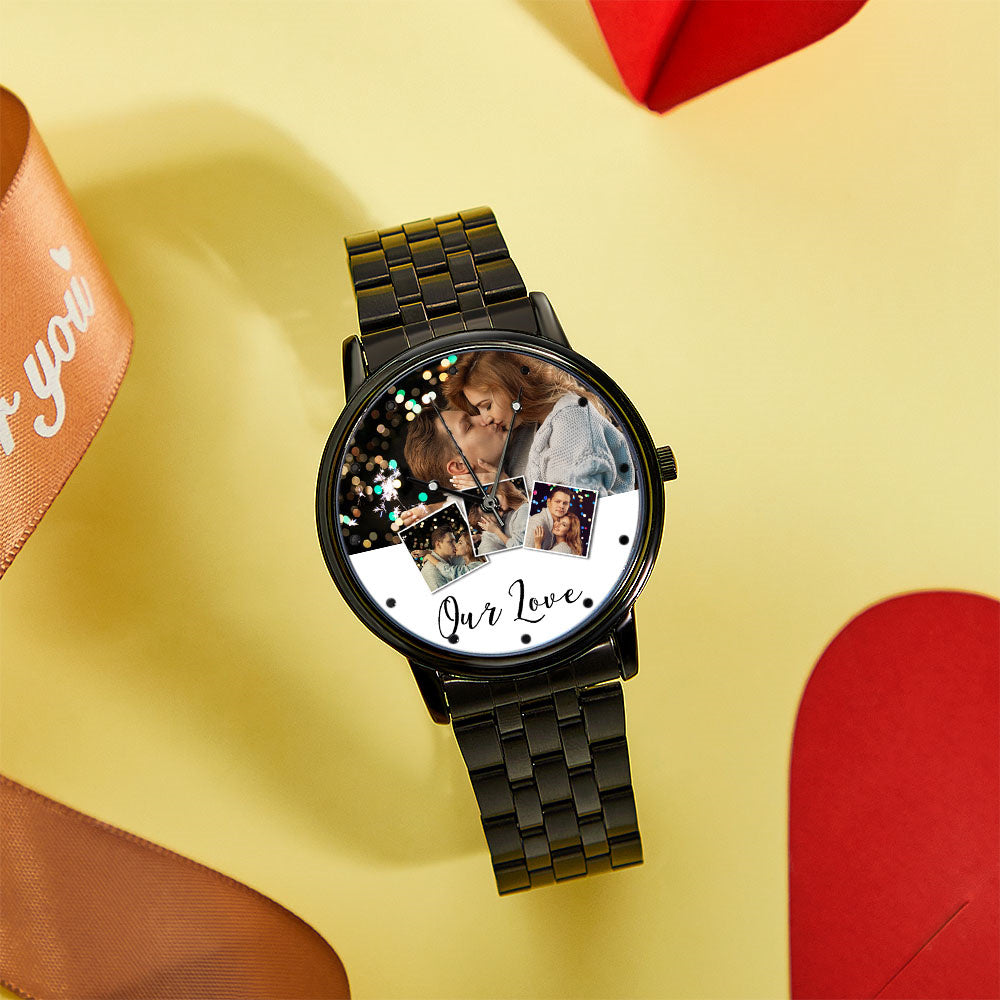 Personalized Engraved Photo Watch Men's Black Alloy Bracelet Photo Watch Valentine's Day Gifts To Boyfriend