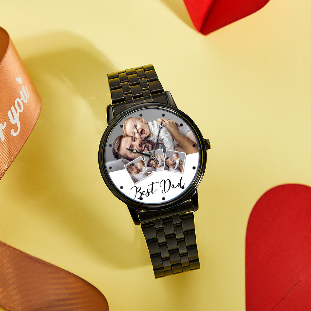 Personalized Engraved Photo Watch Men's Black Alloy Bracelet Photo Watch Father's Day Gifts For Dad