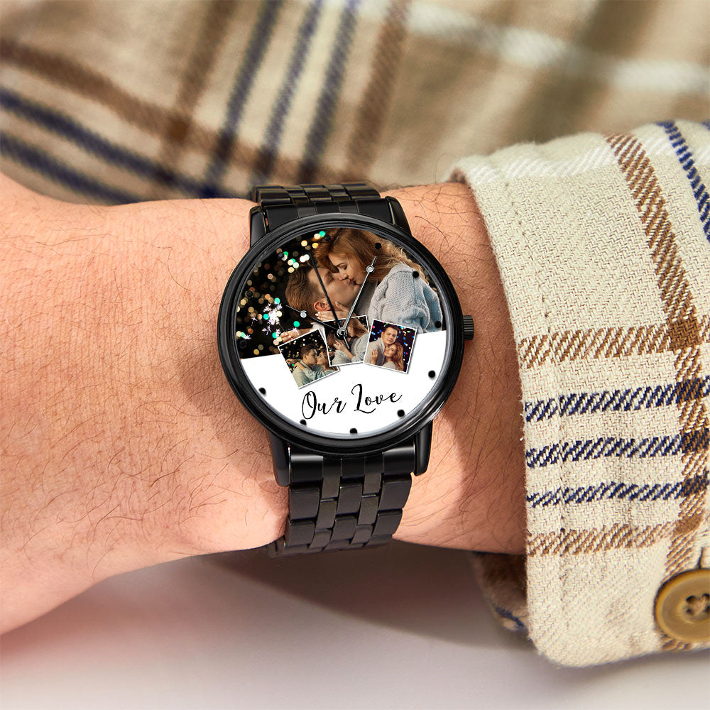 Personalized Engraved Photo Watch Men's Black Alloy Bracelet Photo Watch Valentine's Day Gifts To Boyfriend