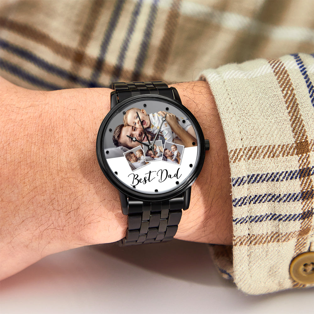 Personalized Engraved Photo Watch Men's Black Alloy Bracelet Photo Watch Father's Day Gifts For Dad